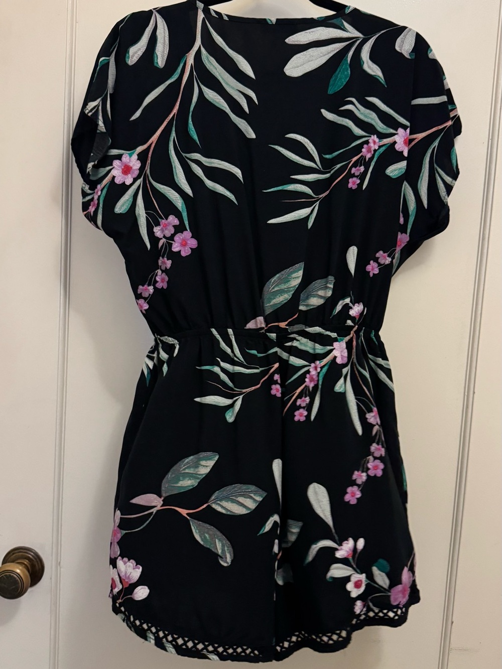 Black Floral Short-Sleeve Women’s Dress with Pink Blossom Print
